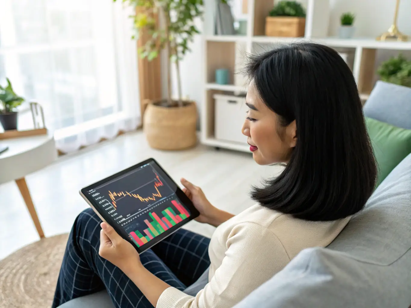 An image showing a person confidently managing their finances on a tablet, with a background displaying various financial charts and graphs, symbolizing empowerment through financial knowledge.