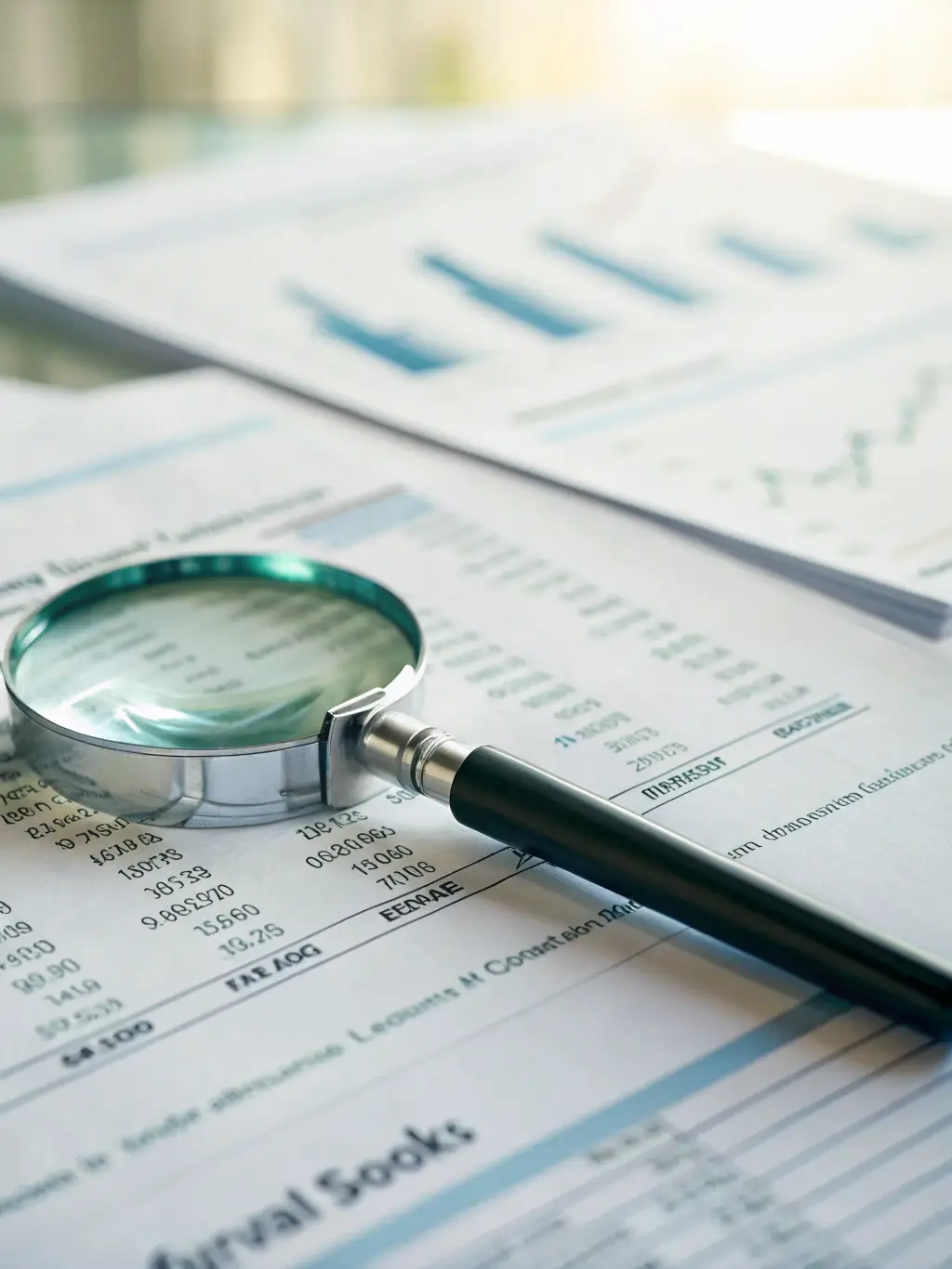 A close-up shot of a person reviewing financial documents with a magnifying glass, symbolizing the detailed examination involved in financial inspections.