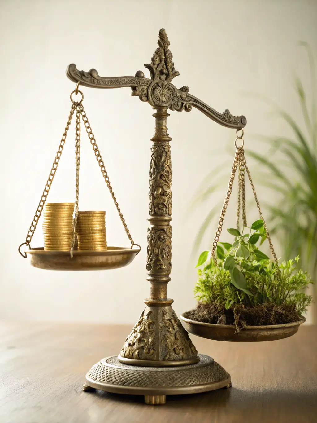 A balanced scale with money on one side and financial reports on the other, representing the importance of maintaining financial equilibrium.